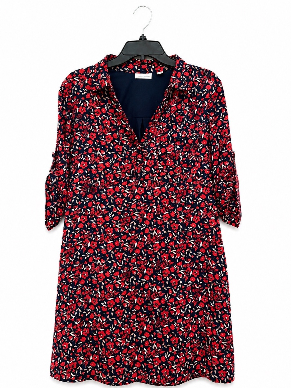 LOFT Red Navy Floral Shirt Dress 3/4 Sleeve Women’s Medium